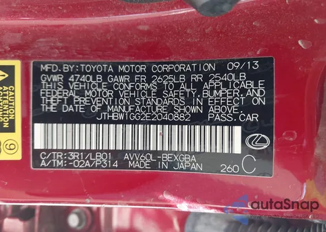 2014 Lexus Es 300H from USA, damaged, VIN JTHBW1GG2E2040882